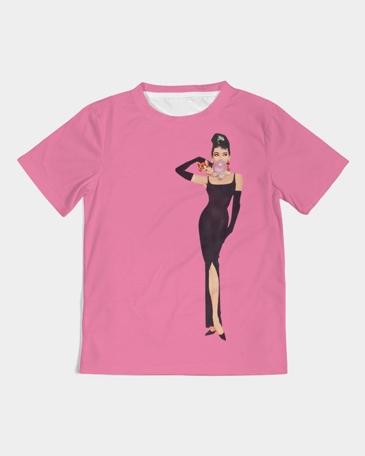 Tiffany's Audrey Hepburn with Bubblegum on Aurora pink Kids  All-Over Print Tee