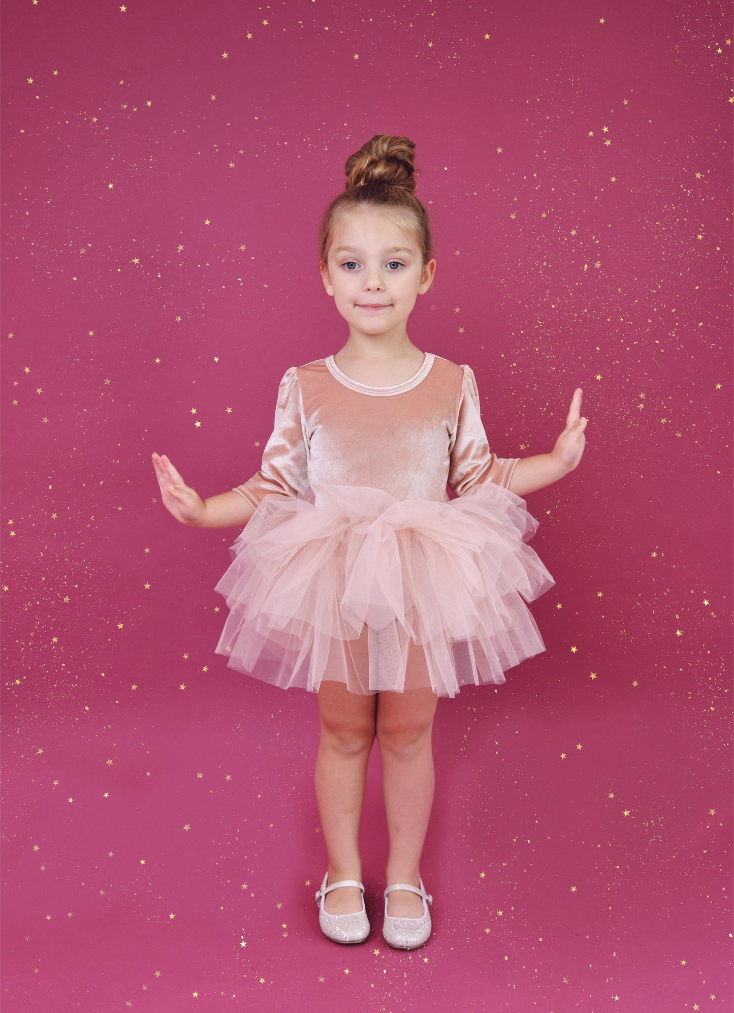 VESTIDO DE TUTU DE LEOTARD DE TERCIOPELO CON ESTRELLAS Y LUNA ⭐️ 🌙 TUL rosa ballet DOLLY®