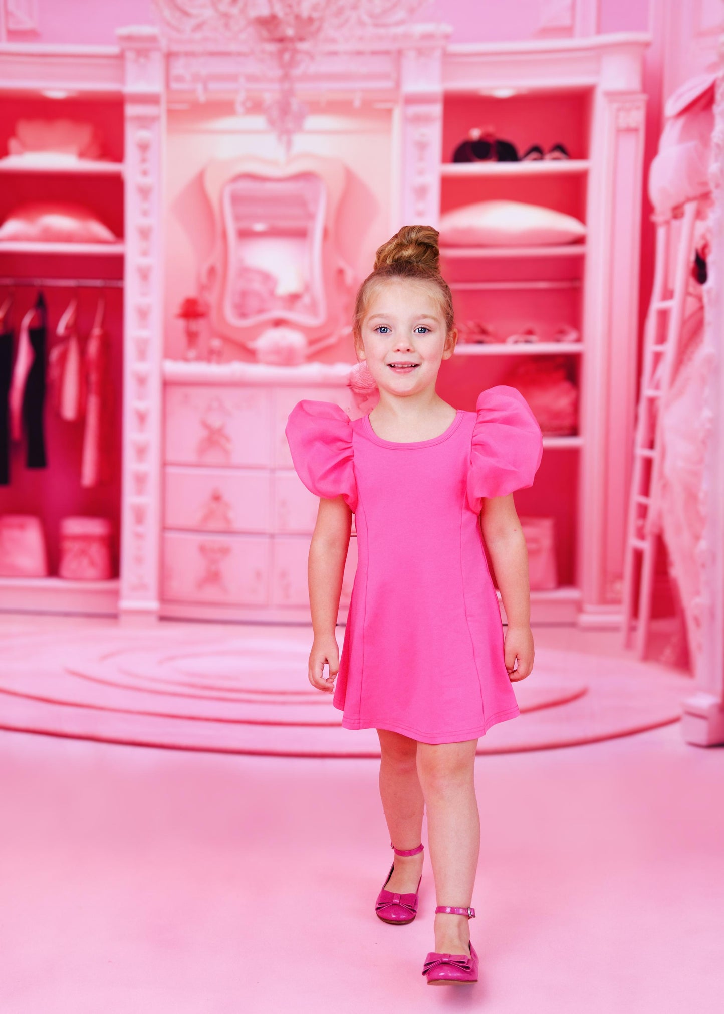 DOLLY WORLD SHORT PUFF SLEEVE ORGANZA DRESS WITH COTTON BODY barbiepink