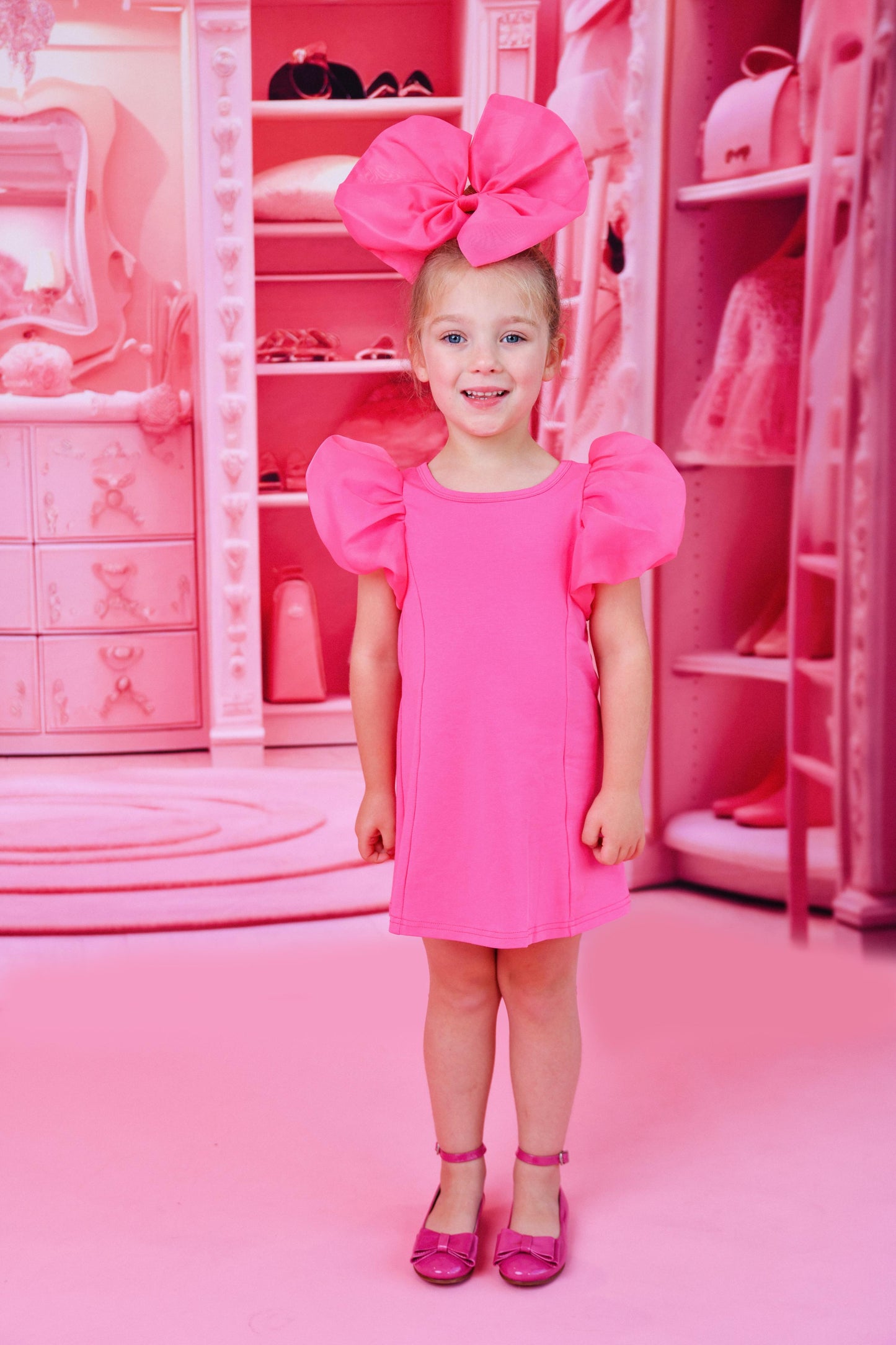 DOLLY WORLD SHORT PUFF SLEEVE ORGANZA DRESS WITH COTTON BODY barbiepink