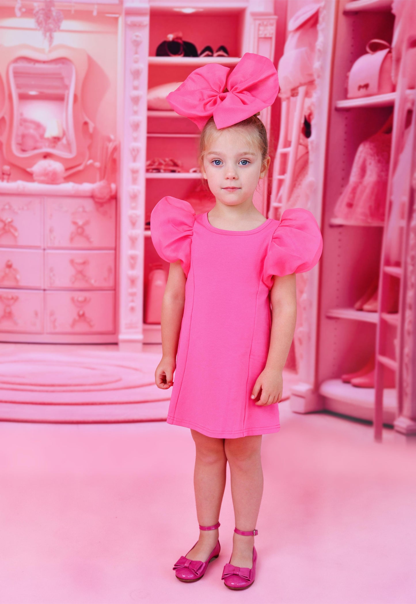 DOLLY WORLD SHORT PUFF SLEEVE ORGANZA DRESS WITH COTTON BODY barbiepink