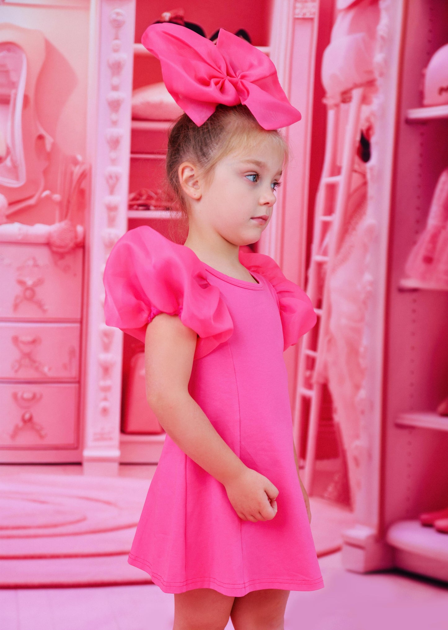 DOLLY WORLD SHORT PUFF SLEEVE ORGANZA DRESS WITH COTTON BODY barbiepink